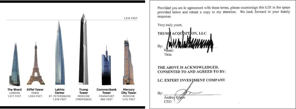 Renderings of Trump Tower Moscow proposal, to illustrate proposed height of the building (left). Signature page of Letter of Intent, showing the signatures of Mr. Trump and Mr. Rozov (right).